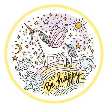 Funny unicorn on a rainbow vector doodle illustration Stock Illustration