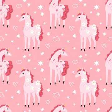 Funny unicorn seamless pattern. Repeated fantasy cartoon horses with horns Stock Illustration