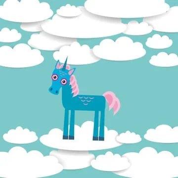 Funny unicorn White clouds on blue sky background. Vector Illustrazione stock