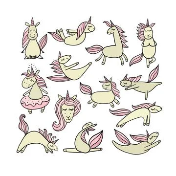 Funny Unicorns doing yoga, sketch for your design Stock Illustration