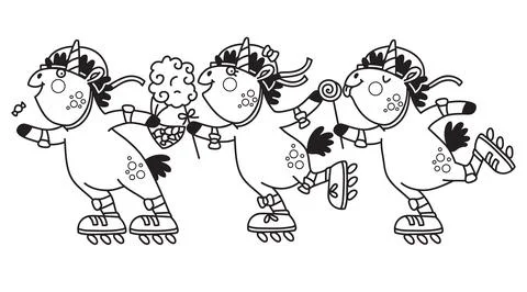Funny unicorns on roller skates coloring vector doodle illustration Stock Illustration