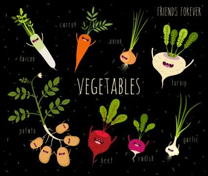 Funny Various Cartoon Vegetables. Vector Clip Art Illustrazione stock