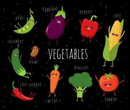 Funny Various Cartoon Vegetables. Vector Clip Art Stock Illustration