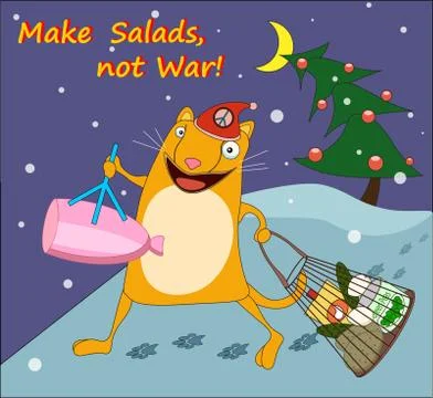 Funny vector card with a crazy cat play of words Make Salads not war Stock Illustration