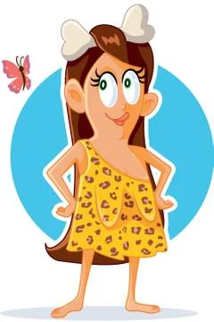 Funny Vector Cartoon Cave Woman Admiring a Butterfly Stock Illustration