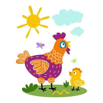 Funny vector cartoon colorfull hen and chicks isolated background Stock Illustration