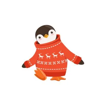 Funny vector Cute Penguin Toon Character In A Red Sweater With Raindeer Motiff Stock Illustration