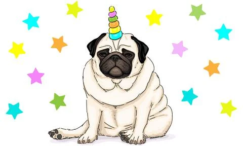 Funny vector hand drawn illustration of unicorn pug dog sitting down, with st Stock Illustration