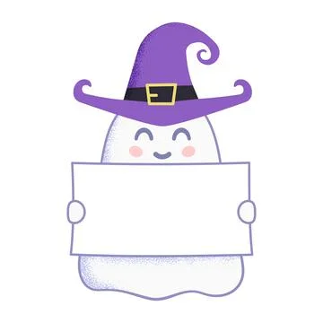 Funny vector illustration of ghost in witch hat demonstrating white paper 스톡 일러스트