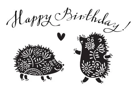 Funny vector illustration with hedgehogs and lettering text - Happy Birthday Stock Illustration