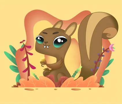 Funny vector illustration squirrel sits in bushes with an acorn. イラスト素材
