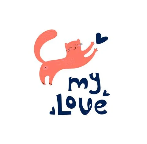 Funny vector kitten paws a heart. Hand-drawn ginger cat for print, fabric Stock Illustration