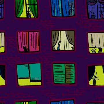 Funny vector seamless pattern windows in high-rise building night Ilustración de archivo