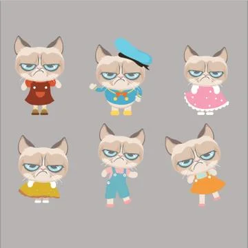 Funny vector set of grumpy cat. Illustrazione stock