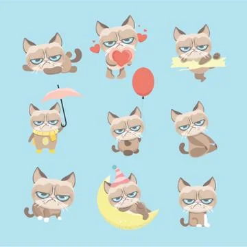 Funny vector set of grumpy cat.. Illustrazione stock