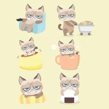 Funny vector set of grumpy cat.. Illustrazione stock