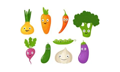 Funny vegetable cartoon characters, cute vegetables with funny faces vector Stock Illustration