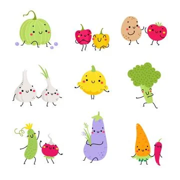 Funny Vegetable Characters with Cute Smiling Faces Vector Set Stock Illustration