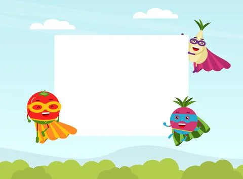 Funny Vegetable Hero in Mask and Cloak Near White Empty Board Vector イラスト素材
