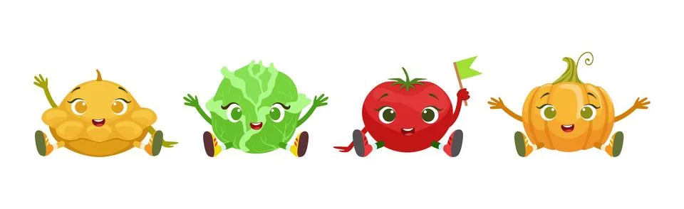 Funny Vegetable Sit with Smiling Face Vector Set Ilustración de archivo