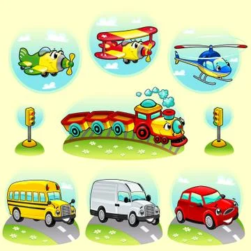 Funny vehicles with background. Stock Illustration