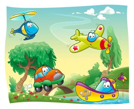 Funny vehicles in the countryside. Stock-Illustration