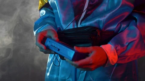 Funny Vintage 80s Man Using a Cassette Tape Player to Listen to Music 動画素材 115683149