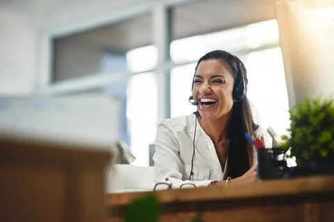 Funny, virtual assistant or happy woman in call center consulting, speaking or Fotos de archivo
