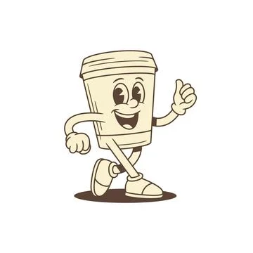 Funny walking coffee paper cup cartoon character thumb up contoured vector fl Stock Illustration