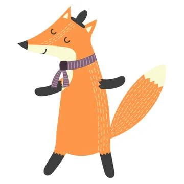 Funny walking fox in the hat. Isolated element 스톡 일러스트