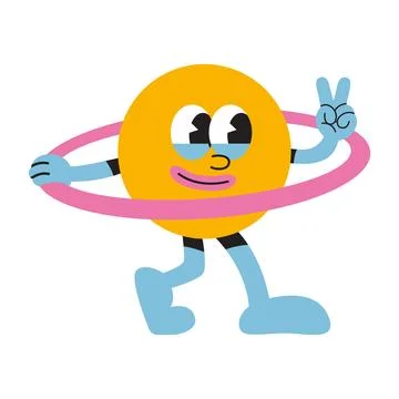 Funny walking planet Saturn with ring and V sign, cartoon style, vintage gr.. Stock Illustration