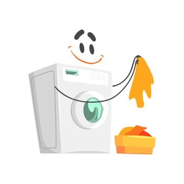 Funny washing machine character with smiling face, humanized home electrical Stock Illustration