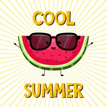 Funny watermelon in sunglasses. Vector. Summer. A slice of fruit with seeds. Stock Illustration