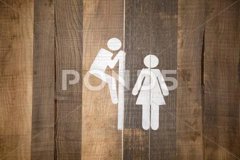 Funny wc restroom symbols man look at woman in toilet Stock Photos