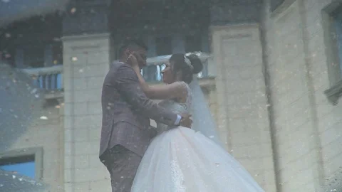 Funny Wedding Couple Reflecting in a Puddle Stock Footage 111297441