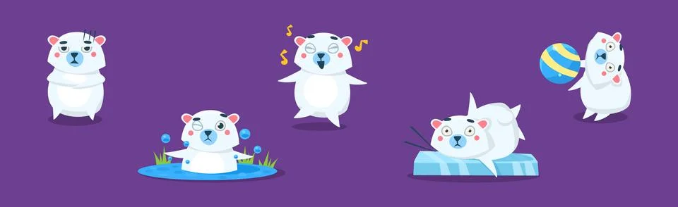 Funny White Bear Character Engaged in Different Activity Vector Set Stock Illustration