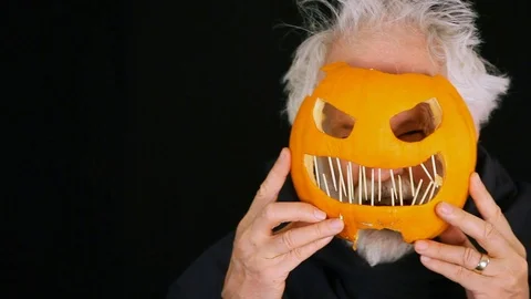 Funny White Haired Man Pumpkin Face Stock Footage 97766613