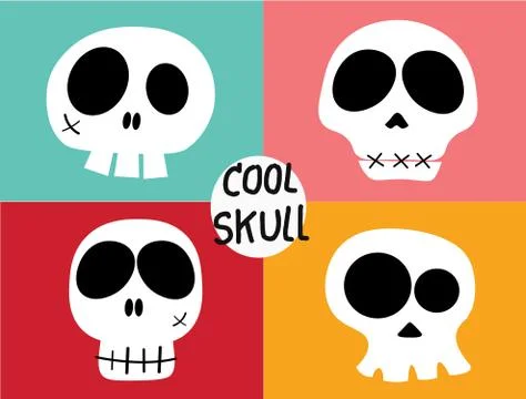 Funny white skull in 4 different characters on vintage colourful background Stock Illustration