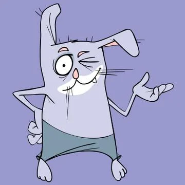 Funny winking cartoon gray hare in pants shows paw Stock Illustration