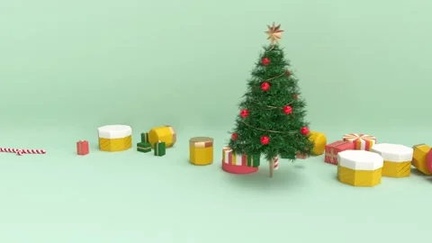 Funny winter card with falling gift boxes and dancing spruce Stock-Footage 225895107
