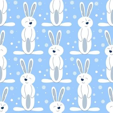 Funny winter seamless pattern with white bunnies Stock Illustration
