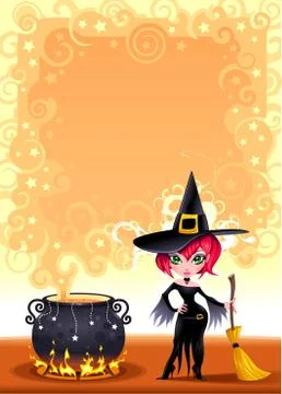 Funny witch with pot. Stock-Illustration