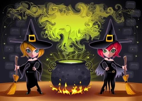 Funny witches with pot. Stock-Illustration