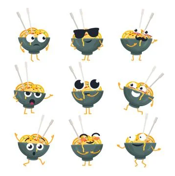 Funny wok plate - vector isolated cartoon emoticons Stock Illustration