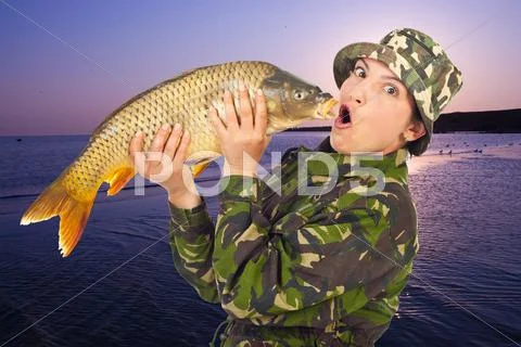 Funny woman angler mimic big fish Stock Photos