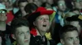 Funny Woman Portrait Wide Open Mouth Focus German Football Match Audience People HD Footage