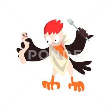 Funny woodpecker with dead and fork, bird cartoon character going to eat vector Stock Illustration