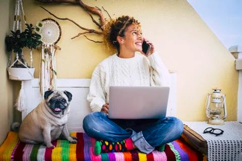 Funny work and technology concept picture with adult cheerful caucasian young Stock Photos