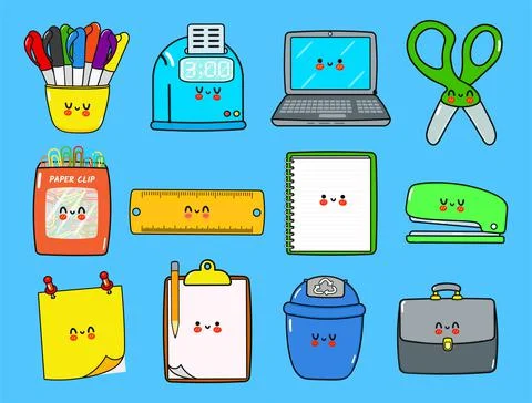Funny work items characters bundle set. Vector hand drawn doodle. Ruler, Tras Stockillustratie