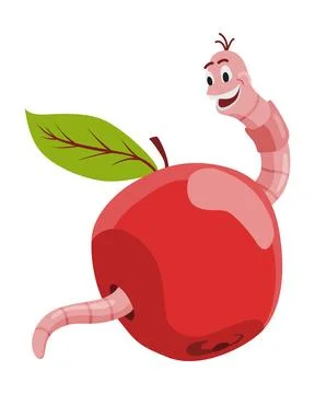 Funny worm. Pink happy crawler creeps on apple and smiles. Earth worm cartoon Stock Illustration